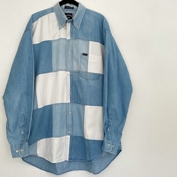 Faconnable Other - NWOT Vintage 90's Faconnable Blue & White Denim Patchwork Button Down Shirt
